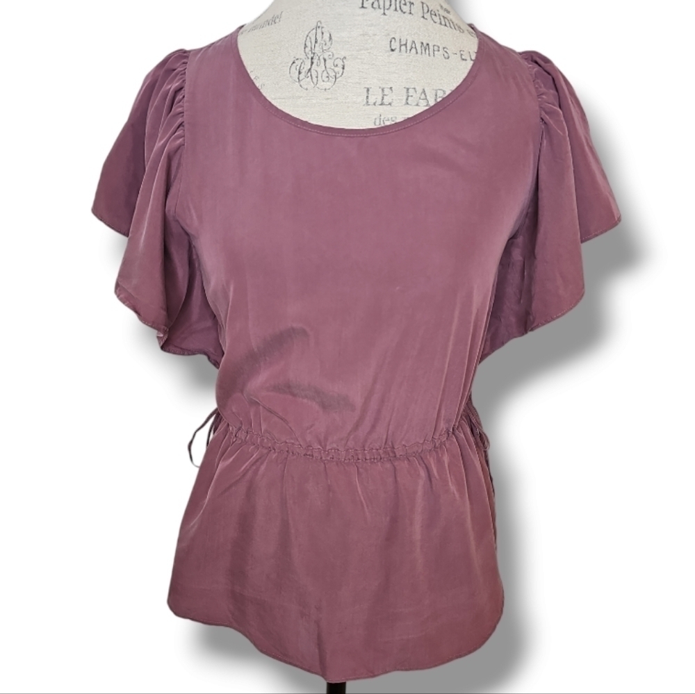 Express Solid Red Peplum Tie Cinch Waist Butterfly Sleeve Blouse - Size Small
